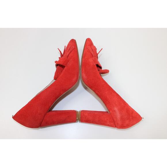 Boden Suede Kiltie Fringe Loafer Pumps Red Orange Block Heel Preppy Women's 39 - Picture 3 of 8